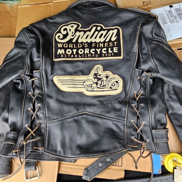Vintage Indian Motorcycle Leather Patches Side Lace Biker Jacket Men’s Large - Picture 1 of 2
